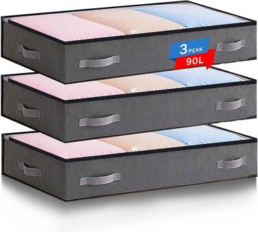 Комод під ліжко, ящик для зберігання 90л, 3 шт., сірий - органайзер для одягу та постільної білизни