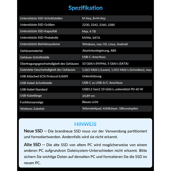 Зовнішній корпус для M.2 SSD SETMSPACE NVMe та SATA, алюмінієвий адаптер USB для M-Key та B&M-Key, безінструментальна збірка, сірий