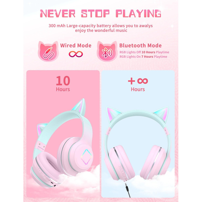 Бездротові навушники Bluetooth для дітей з LED-підсвіткою, котячими вушками та мікрофоном, HD стерео звук, складні, регульоване наголов'я, для дівчаток, PC/Tablet/Навчання/Школа (рожеві)