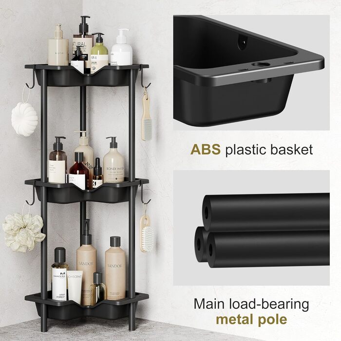 Orimade 4-Piece Shower Caddy Standing Stainless Steel, Corner Shower Shelf Freestanding with 4 Hooks, Plastic-Metal Combination Shower Baskets Floor Standing for Bathroom, 10 x 10 x 44.6 inches Black