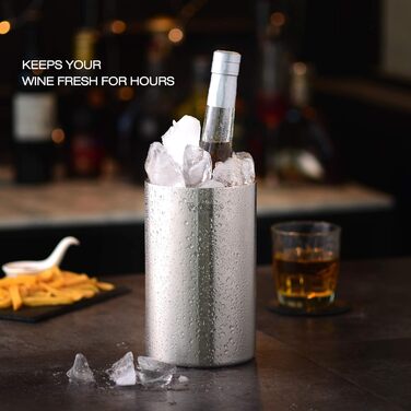 Velaze Bottle Cooler for Wine and Sparkling Wine Bottles, Double-Walled Stainless Steel with Matte Brushed Outer Surface, Wine Cooler, Accessory for Wine Bottle or Bar Set, Chiller - 1.5L, VIB01, Silver, 1.5 Liter