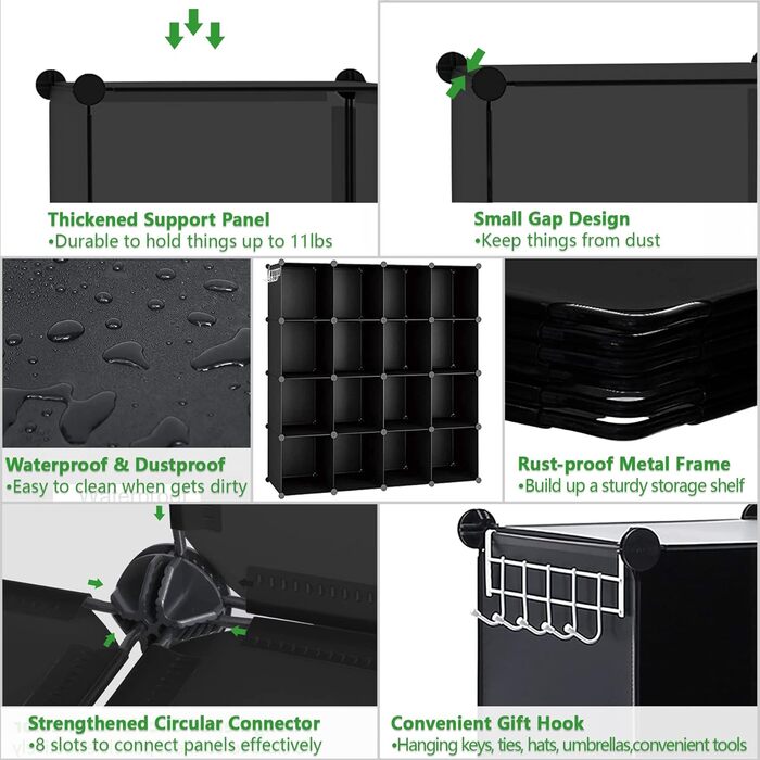 C&AHOME Cube Storage Shelves, 16-Cube Unit, Cabinet, DIY Plastic Modular Shelving, Ideal for Bedroom, Living Room, Office, 122 cm L x 31 cm W x 122 cm H, UPCS16M (Black)