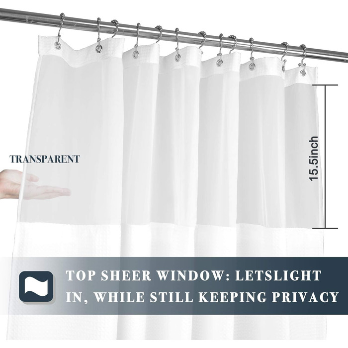 Штора для душу N&Y HOME з вафельної тканини з підкладкою, 12 гачків, біла 180x182 см - Водонепроникна, важка, готельний стиль