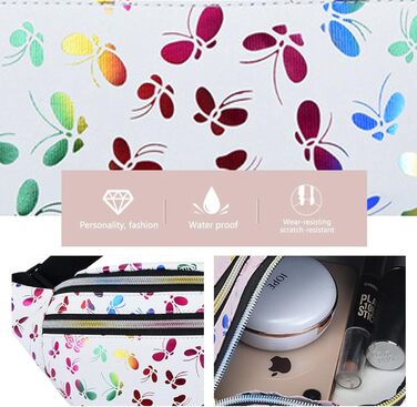 Металева поясна сумка AYNKH з регульованим ремінцем, три відділення, водонепроникна фанна-пак для відпочинку, спорту, подорожей (Білий метелик)