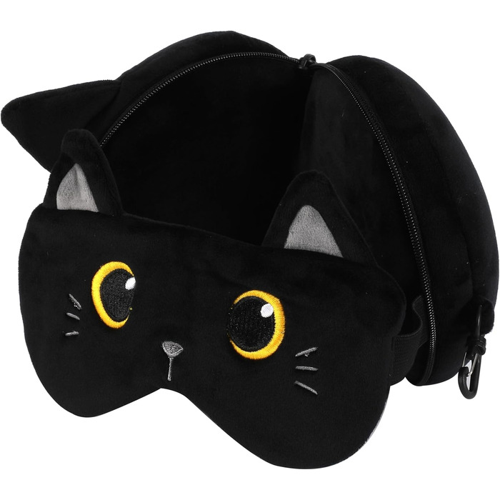 I-TOTAL® - Pillow with Sleep Mask, Locking Pillow with Hook for Travel (BLACK CAT)