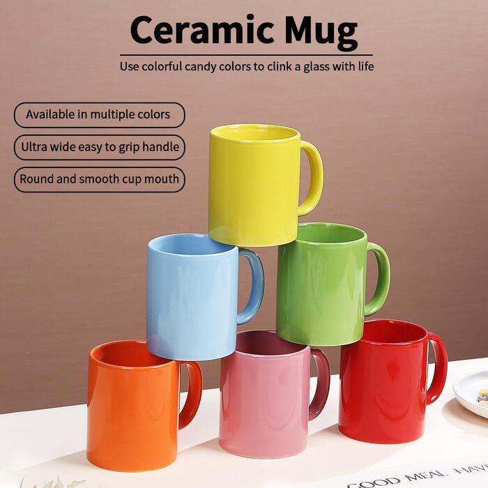 Evanda Coffee Mugs, Set of 6, Large 350 ml Ceramic Cups, Drinking Glasses, for Coffee, Tea, and Mulled Wine, Dishwasher Safe (Mixed Color)