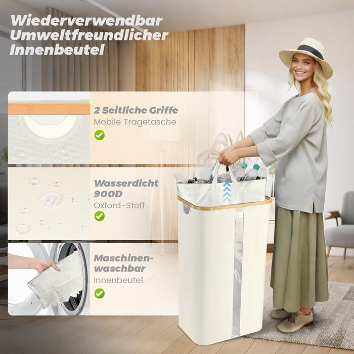 Laundry basket with 2 compartments, deposit bottle collection container with lid, container for deposit bottles & glass recycling & paper waste, deposit bottle container bamboo with bag, must-have (Beige, 100L)