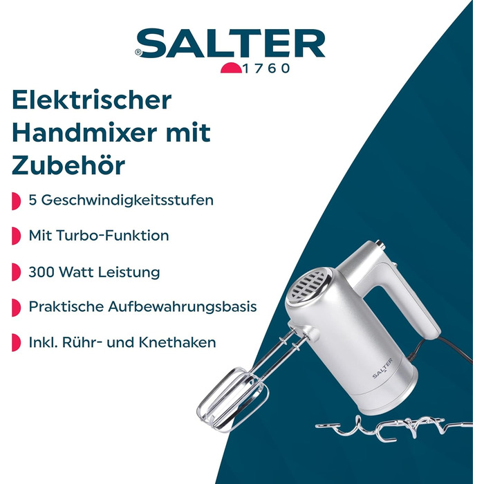 Міксер ручний Salter Aspen, електричний з гаками для замішування та збивання, 5 швидкостей, Turbo-режим, підставка, функція викидання, 300W, сріблястий, EU-штекер