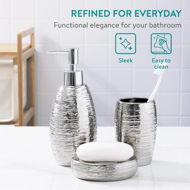 Набір для ванної кімнати Navaris Premium - Сріблястий, з дозатором мила, мильницею та стаканчиком для зубної щітки