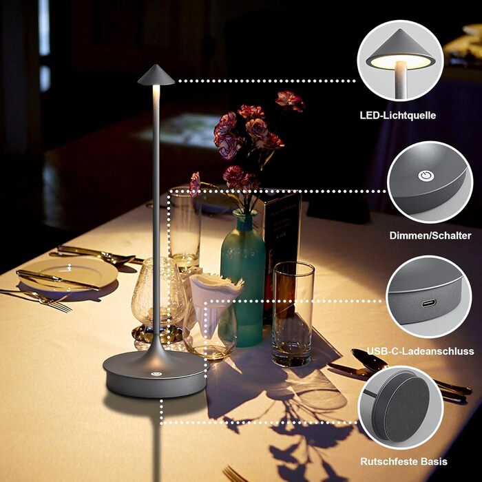 Світлодіодний настільний світильник Leomix акумуляторний, димуючий, водонепроникний IP54 (2 шт, сірий) для ресторану, бару, саду, балкону