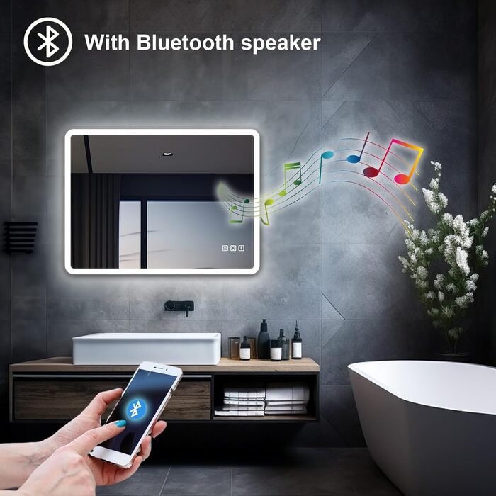 MIQU LED дзеркало для ванної кімнати з підсвічуванням 60x50 см, велике дзеркало для ванної кімнати з сенсорним регулюванням, тепле/біле світло, антизапар, настінне дзеркало для ванної кімнати, туалету, коридору, прямокутне з округлими кутами (3 кольори св