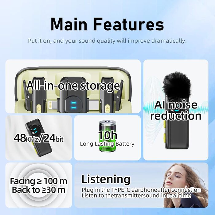 USB-C Беспроводной петличный микрофон 2-в-1 для iPhone, с шумоподавлением KI, мини-микрофон для видеоблогинга, видео, подкастов, интервью, TikTok, YouTube - Черный (2 TX + 1 RX) A5-Basic Black (2 в 1)