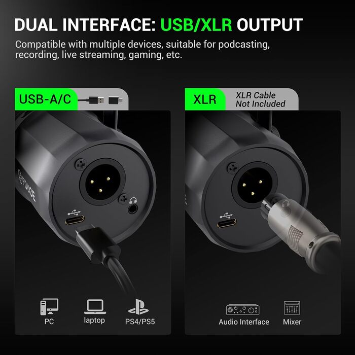 FDUCE SL40+ – динамічний мікрофон для подкастів, геймінгу та стрімінгу, USB/XLR, з кріпленням-жабою, вихід для навушників, кнопка вимкнення мікрофона, регулювання чутливості, чорний