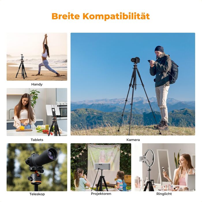 Штатив K&F Concept S255A3+BH-36, 190 см: для камер Canon, Nikon, Sony, смартфонів, відеокамер. Алюмінієвий штатив для фото- та відеозйомки