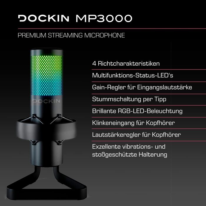 DOCKIN® MP2000: USB мікрофон-конденсатор для ПК, геймінгу, подкастів та стрімінгу - професійний мікрофон з підставкою для запису звуку з чудовою якістю звуку (130dB)