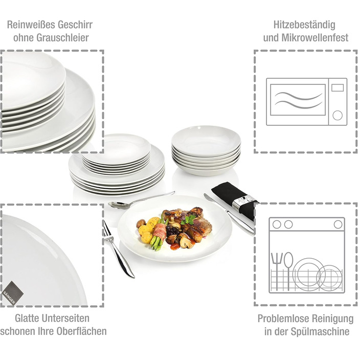 SÄNGER | Tableware New Port white, 18-piece dinnerware set for 6 people made of porcelain, wedding plates, dinner plates | PREMIUM COLLECTION Tableware 18 pcs