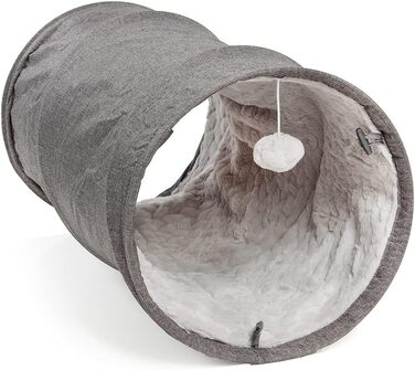 CanadianCat Company | XXL Cat Tunnel with Fluffy Plush | | Approx. 35 x 150 cm - Variable Shape, Integrated Cat Toy (70 x 35 cm, Grey)