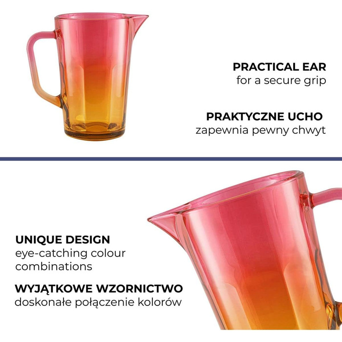 Water Carafe Glass 1 Liter with Comfortable Handle Colorful Water Pitcher 19 cm Glass Jug Orange Pink Glass Pitcher Water Carafe Glass Carafe Pitcher Glass Jug 1l | Gigi Magical Sunrise