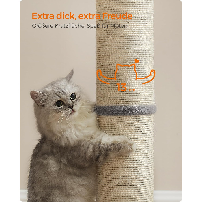 Feandrea Cat Tree, 85 cm tall, scratching post, 13 cm thick trunk, cat tree, scratching trunk for medium and large cats, sisal trunk, with plush ball and bell, Dove Gray PCA041G01