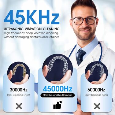 Ультразвуковий очищувач 45000 Гц з УФ-дезінфекцією 220 мл для зубних протезів, брекетів, ювелірних виробів - білий