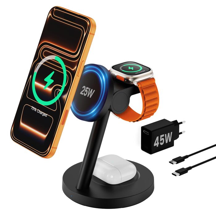 Зарядна станція JoyGeek 3-в-1 MagSafe 25W для iPhone 17/16, Apple Watch, Samsung Watch та AirPods з адаптером 45W (Чорний матовий)