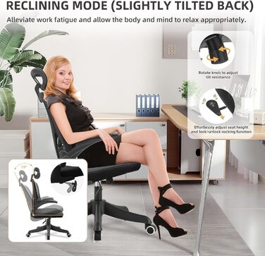 Ергономічне крісло для офісу та дому з підтримкою попереку та регульованою підголівником, велике сидіння