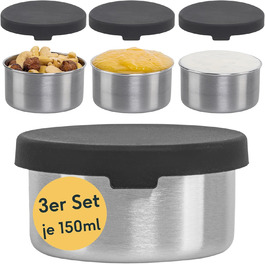 Small Stainless Steel Tins, 3-Piece Set with Lid - Leak-Proof Containers for Transporting Food, for Dips, Dressings, Nuts, Granola in Lunch Boxes