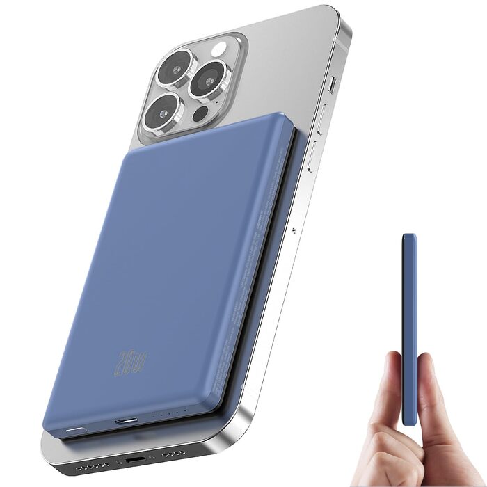 Power Bank Ntaanoo MagSafe з індукційним заряджанням 20W, 5000mAh, сумісний з iPhone 17/16/15/14/13/12, чорний (блакитний)