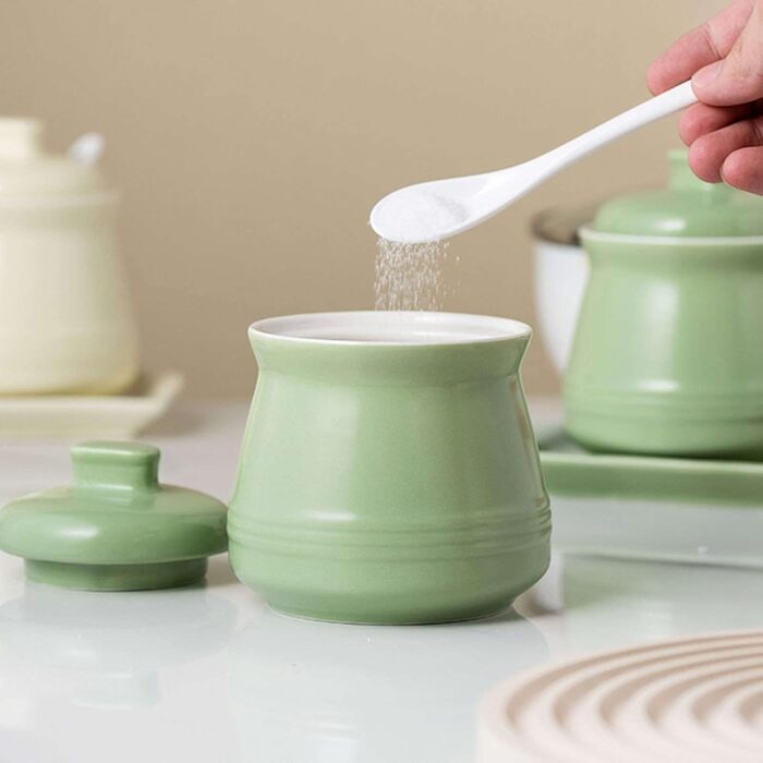 Ceramic Sugar Bowl with Spice Jars, Sugar Bowl with Lid, Sugar/Salt Pot/Seasoning Canister, Sugar Storage Jar, Sugar Pot, Sugar Container/Spice Jar (Green)