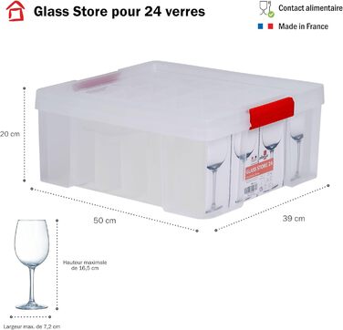 SUNDIS Glass Store, 27L Storage Box with Snap-on Lid, with 24 Compartments for Storing Stemware, Clear Plastic, Reinforced, Stackable