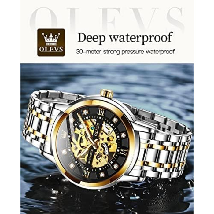 Чоловічий механічний годинник OLEVS Gold Skeleton з автопідзаводом, розкішний сталевий корпус з діамантами, водонепроникний, сріблясто-золотий з чорним циферблатом