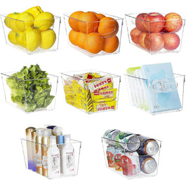 Refrigerator Organizer Drawer Set with Handle, 3-Piece Stackable Kitchen Storage Boxes with Pull-Out Drawer & Lid for Vegetables, Berries, Meat | PET Plastic Food Storage Containers (Clear Medium 8 Pcs)