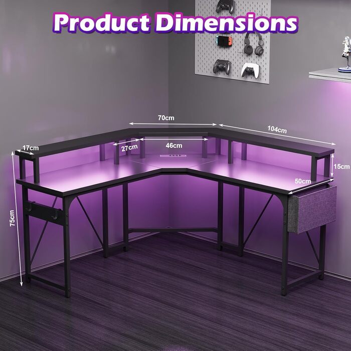 Ігровий стіл 153x153 см L-подібний з LED підсвіткою, 2 розетками, 2 USB портами, полицею для монітора, кутовий комп'ютерний стіл, вугільно-чорний