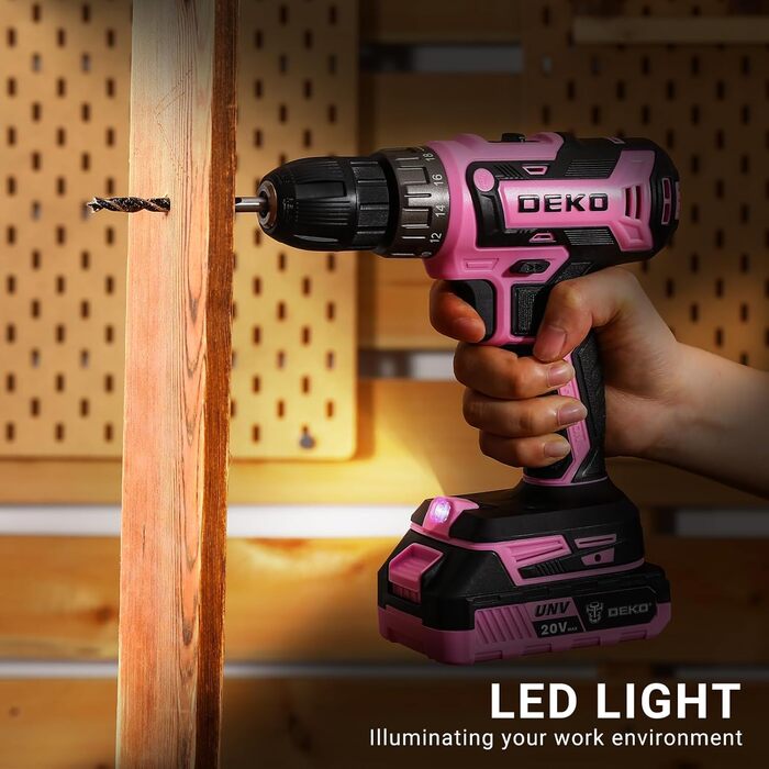 Акумуляторний шурупокрут DEKOPRO 20V 40 Nm: комплект з 2 акумуляторами, LED, 18+1 момент, для дому та DIY, рожевий