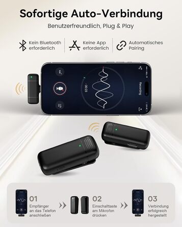 Бездротовий петличний мікрофон з зарядним кейсом, 36 годин роботи, шумозаглушення, 40 м радіус дії, Plug-and-Play для iPhone/iPad/Android/PC, YouTube, Vlog, Live-Streaming, чорний