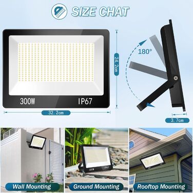 LED прожектор 300W для вулиці, IP67, 2 шт, 30000Лм, 7000K, холодне біле світло, водонепроникний, для складу, саду, гаража, двору, паркування