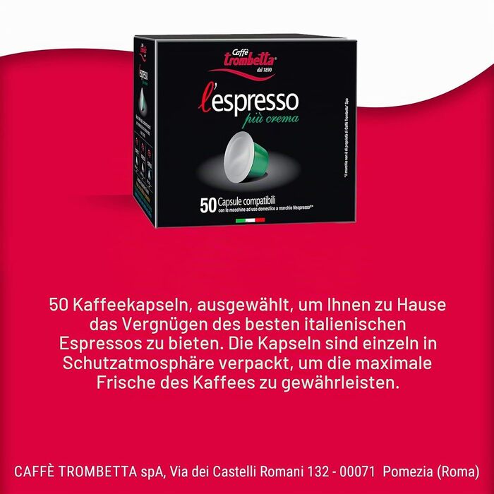 Кава в капсулах Caffè Trombetta L‘Espresso Più Crema, сумісні з Nespresso, 50 капсул