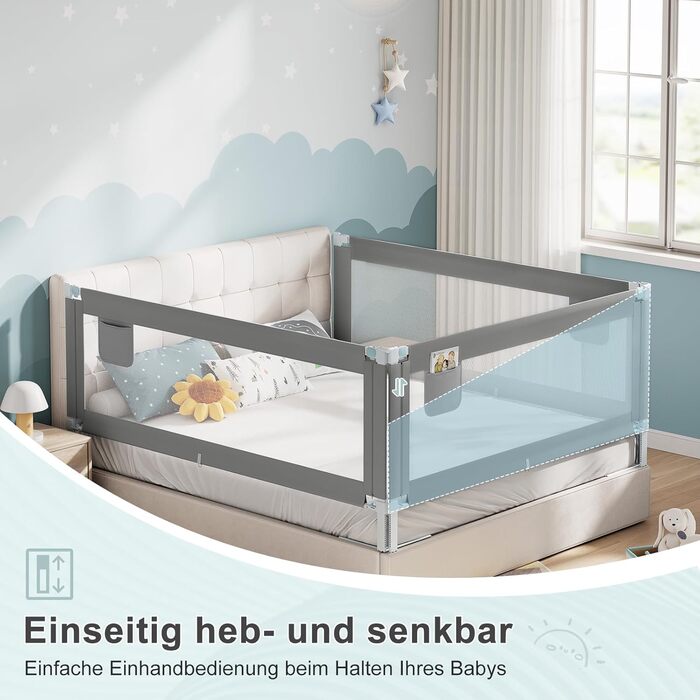 WOLTU Bed Rail, Bed Protection Rail for Children's Beds & Adult Beds, Retractable Child Bed Rail 180 cm, Fall Protection Height Adjustable 69-87 cm, Dark Grey 180cm Dark Grey