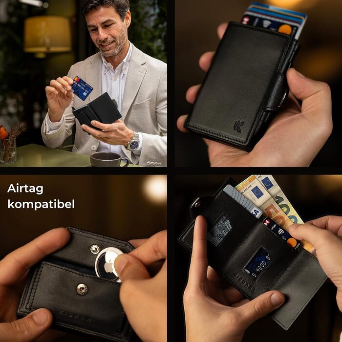 Чоловічий шкіряний гаманець KIDMAN Icarus Slim із захистом RFID, алюмінієвим футляром, монетницею, відділенням для купюр, на 8 карт, зелений