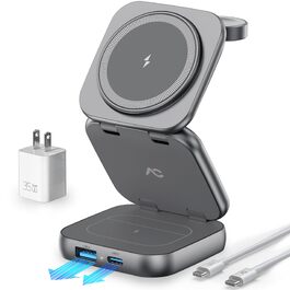 Бездротова зарядна станція AC Island 5 в 1 для iPhone 17/16/15/14/13/12, Apple Watch Ultra/11 та AirPods Pro, сумісна з MagSafe, складана, сіра (з адаптером 35W)