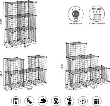 C&AHOME Wire Cube Storage, 6 - Metal Cube Organizer with C-Grid, Modular Shelving Units, Storage Container Shelves, Closet Organizer, 93.5 cm L x 31.8 cm W x 93.5 cm H, Black