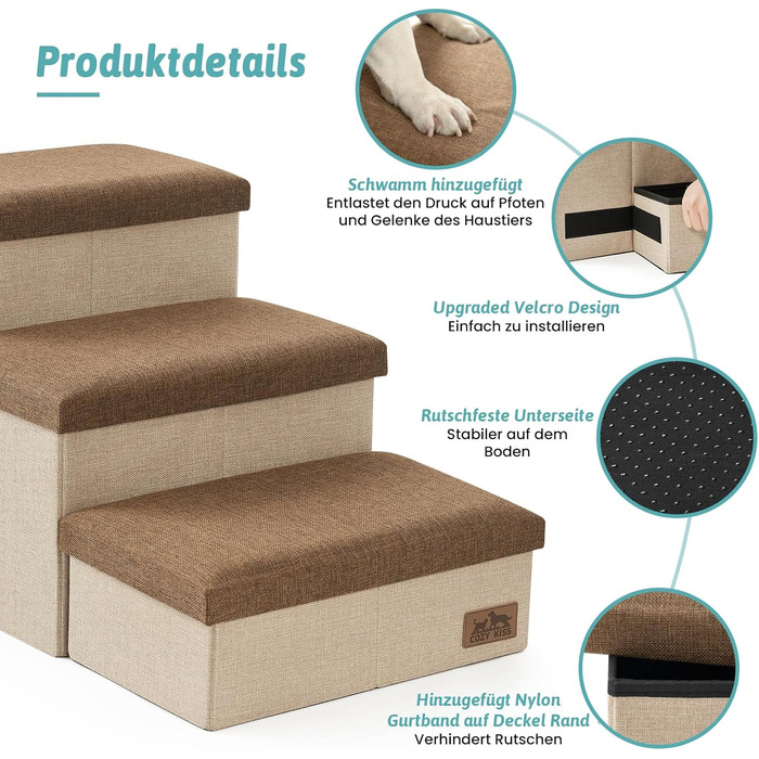Сходинка для собак маленьких порід зі зберіганням, широка, складна для ліжка та дивану, з неслизьким дном, вологостійка (4x72x42.5 см), розмір 4x72x42.5 см (колір: коричневий, кількість: 4, розмір: 43x97x56 см)
