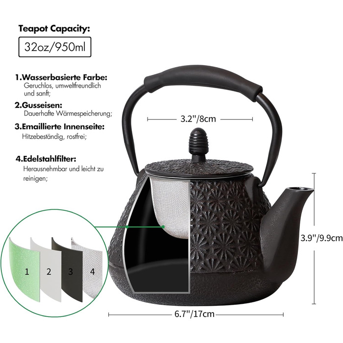 Cast Iron Teapot, 950ml Japanese Cherry Blossom Pattern Teakettle, Stovetop Safe, Infuser for Loose Tea & Coffee, Silicone Handle, Enamelled Interior, 32oz Blue (Black)