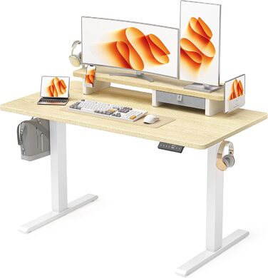 Electric Standing Desk with Drawers - 120x60cm, Oak Finish - Adjustable Height Desk for Home Office & Business, Monitor Stand, Phone Holder, 3 Hooks