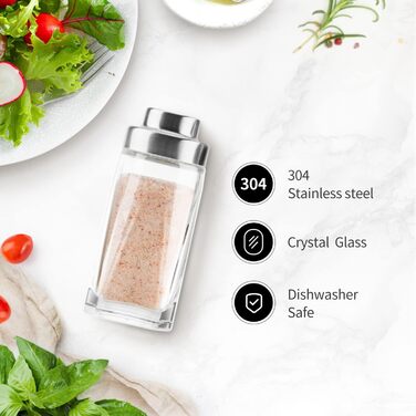 Salt and Pepper Shaker Set - Aelga Salt Shaker with Stainless Steel Lid - Elegant Farmhouse Kitchen Decor (2 Pieces)