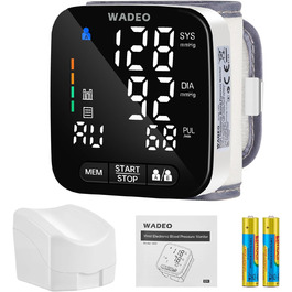 Цифровий тонометр WADEO на зап'ясті, оголошення 5 мовами, виявлення аритмії, портативний тонометр для дому та в дорогу, 2 x 99 пам'ять, з батарейками та коробкою для зберігання, білий