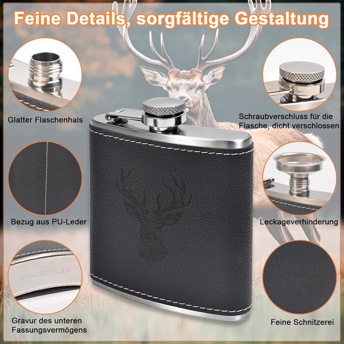 Фляга для чоловіків Jäger з гравіюванням оленя, 180 мл, нержавіюча сталь, комплект з 2 склянок, відкривачем, воронкою, кракею та шкіряним чохлом, аксесуар для полювання