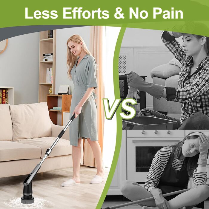 Електрична щітка для прибирання з 7 насадок, IPX7, регульована ручка, для ванної, кухні, підлоги, авто (чорний, сірий)