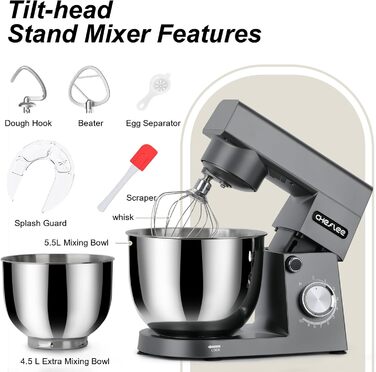Кухонна машина Cheflee 1500W з місткими чашами 4.5 та 5.5л з нержавіючої сталі, 10+ швидкостей, набір насадок (міксер, гак для тіста, вінчик, захист від бризок) (Darkgrey)