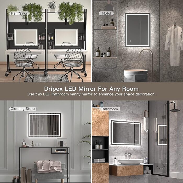 Дзеркало для ванної кімнати з підсвічуванням LED, 50x70 см, сенсорне керування, протитуманне покриття, 6400K, енергозберігаюче